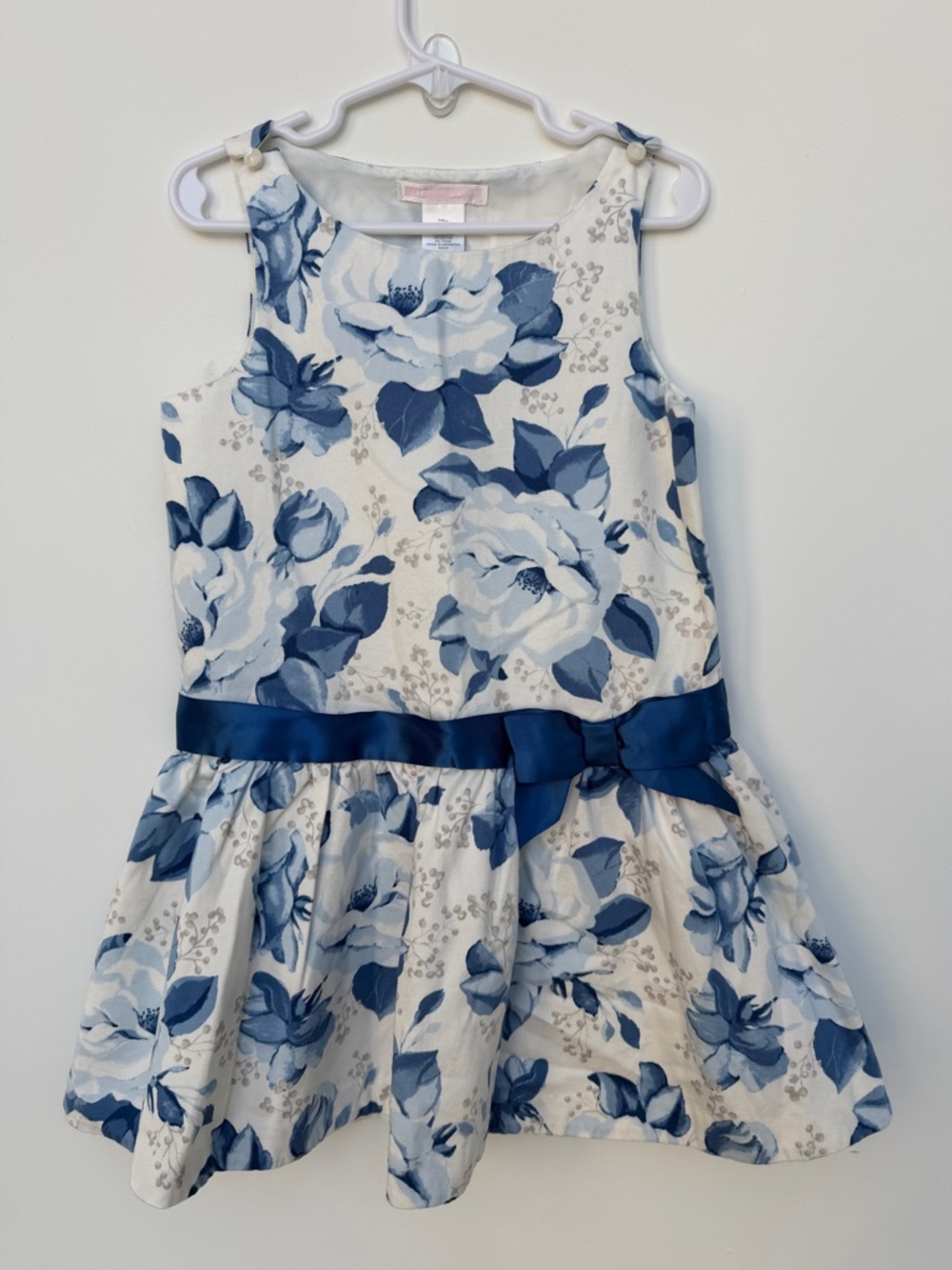 Janie and Jack White Dress with Blue Floral Print and Satin Bow